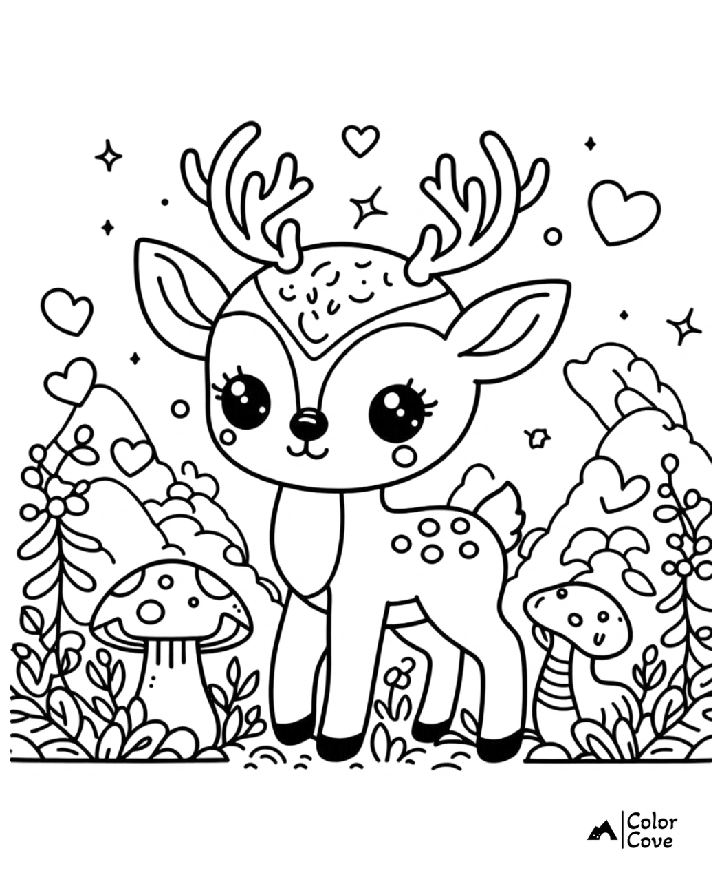 Cute deer in a forest coloring page, surrounded by hearts, mushrooms, and stars. Ideal for kids to color and enjoy.