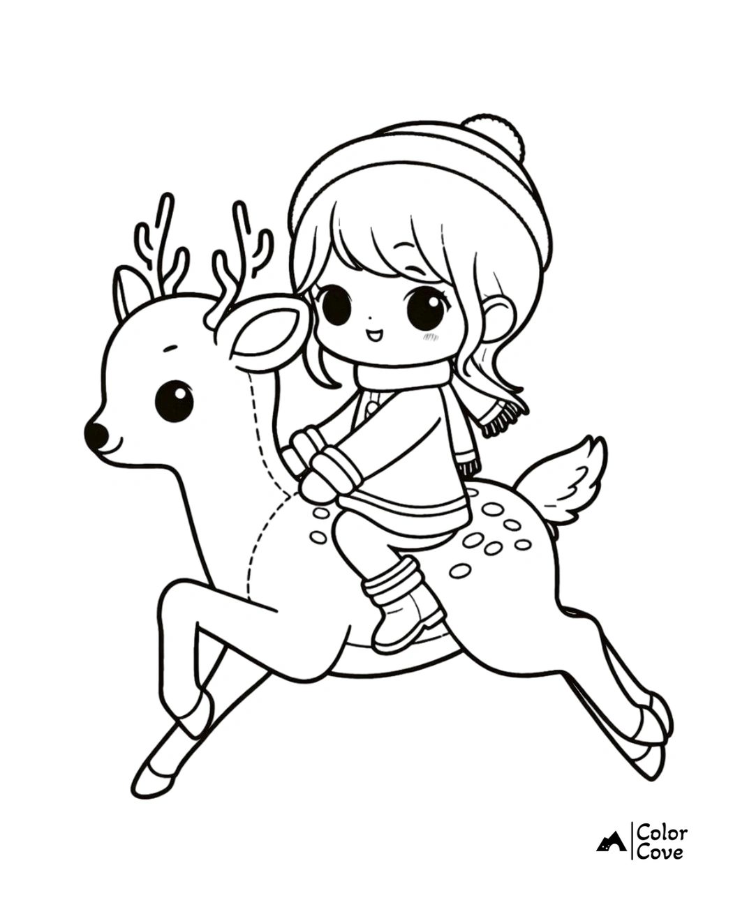 Cute child rides a reindeer coloring page, winter fun, printable activity for kids, holiday coloring, Color Cove.