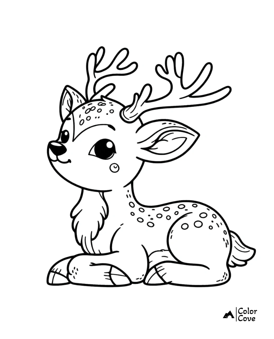 Cute baby deer coloring page with antlers and spots, ideal for kids' activities and printable coloring sheets.