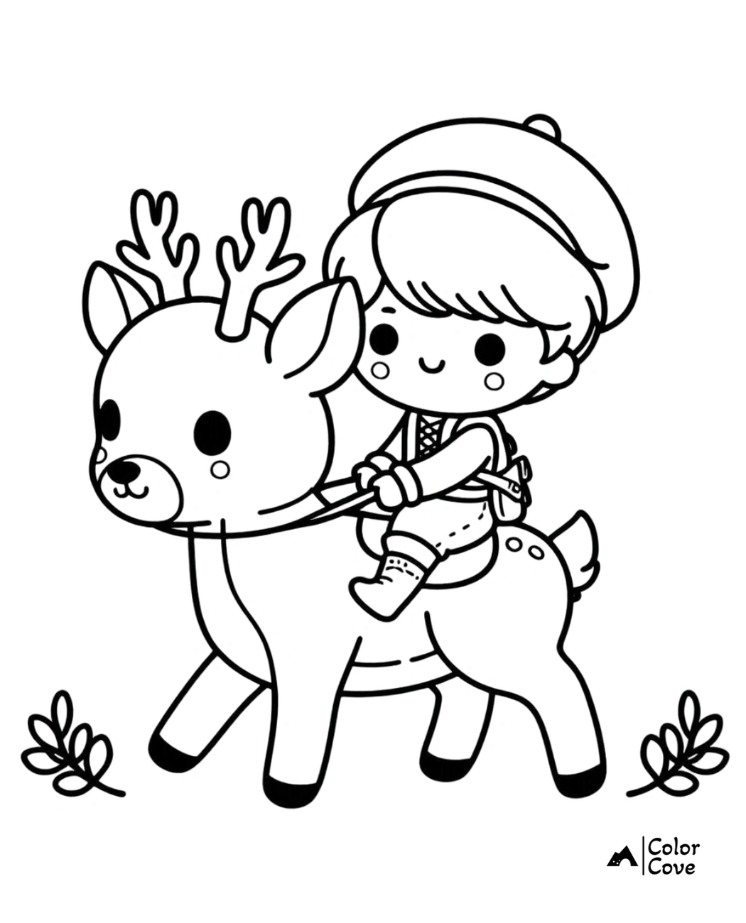 Adorable coloring page of a child riding a reindeer, perfect for holiday-themed activities and fun creative time.