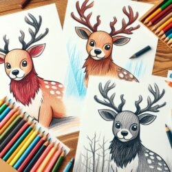 Coloring page of deer with antlers, surrounded by colored pencils and crayons on a wooden table, ready for coloring.