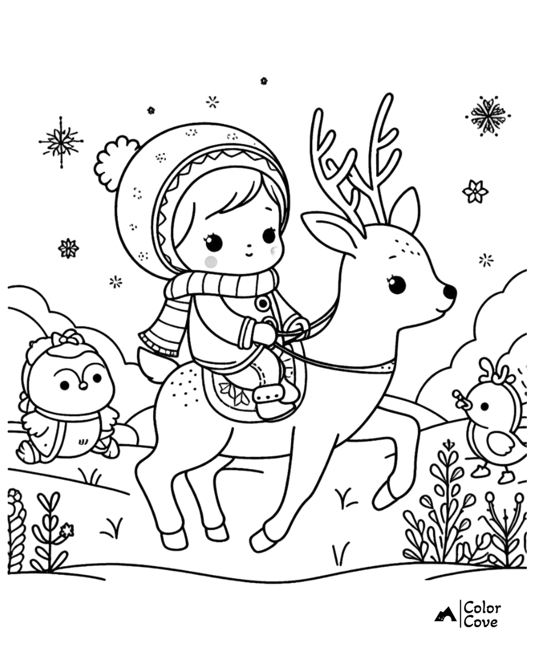 Child riding reindeer coloring page. Winter-themed artwork with snowflakes, animals, and cute kid in winter clothes.