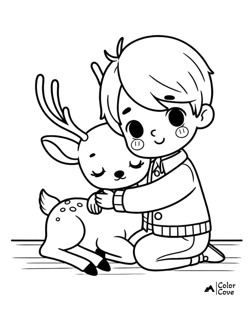 Cute coloring page of a child hugging a reindeer, ideal for kids' holiday crafts, winter activities, and Christmas coloring fun.