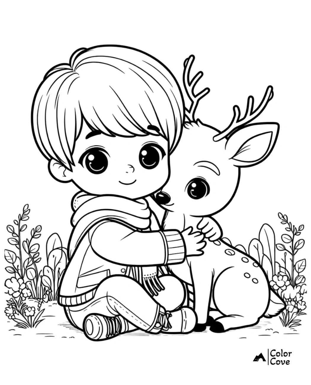 Adorable coloring page: Boy hugging a cute deer, surrounded by plants, perfect for kids' creativity and relaxation.