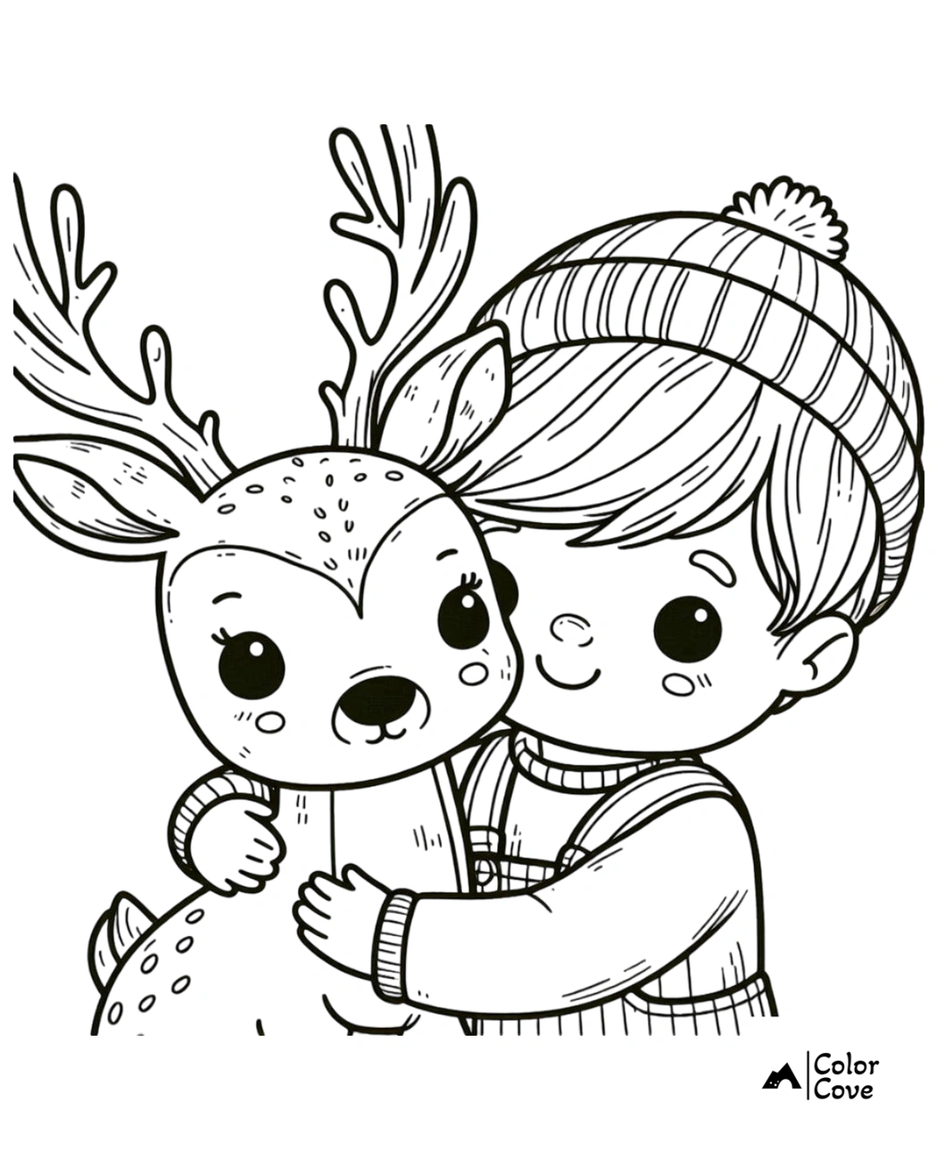 Child hugging a smiling deer, cute coloring page for kids featuring a boy in a winter hat and a friendly reindeer.