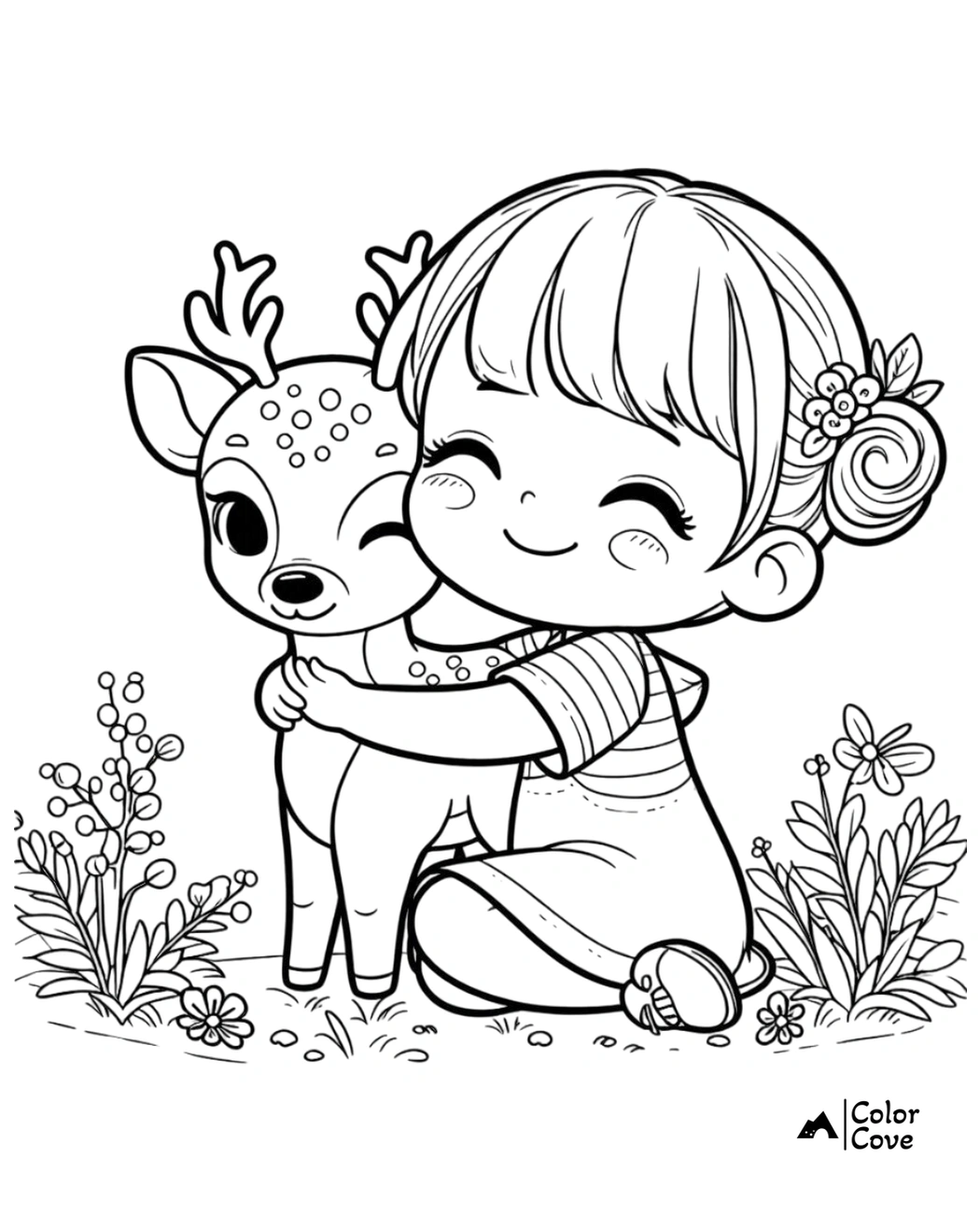 Adorable coloring page of a girl hugging a deer, surrounded by flowers. Perfect for kids' creative fun.