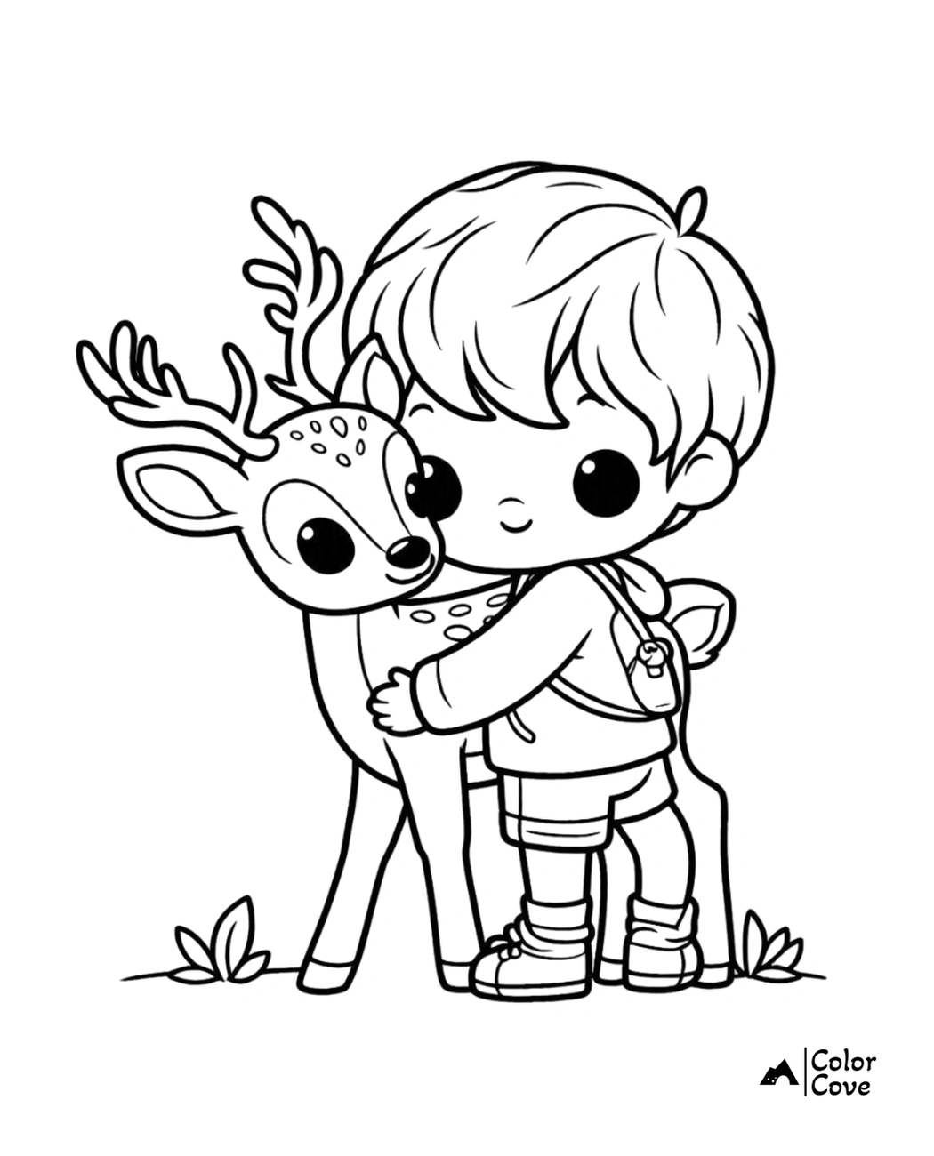 Coloring page of a child hugging a deer with a backpack. Fun and cute printable coloring activity for kids and nature lovers.