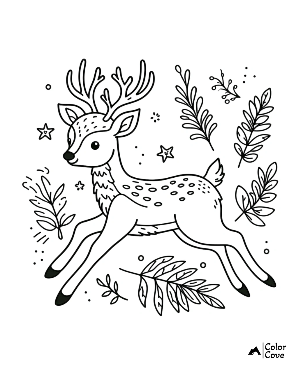 Cute reindeer coloring page with intricate designs, leaves, stars, and patterns for kids to color creatively.