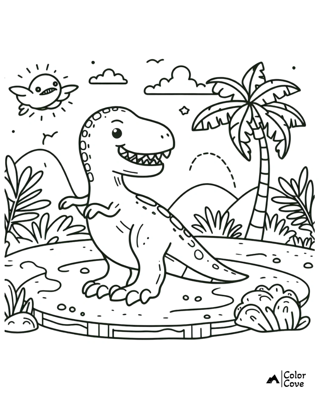 Coloring page featuring a smiling dinosaur, palm tree, flying bird, clouds, and a prehistoric-themed background.