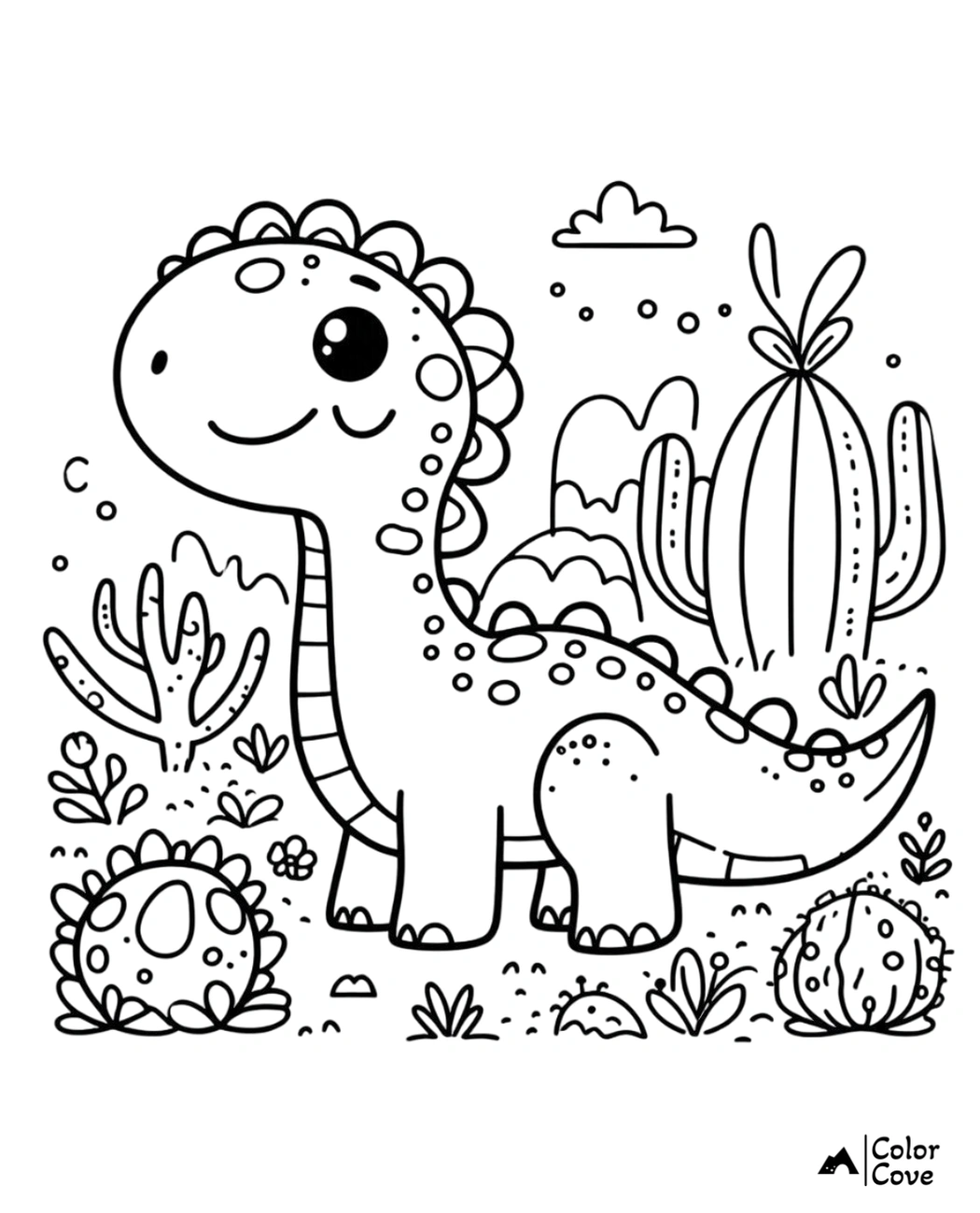 Cute dinosaur coloring page for kids, featuring a happy dinosaur with desert plants and rocks in the background.