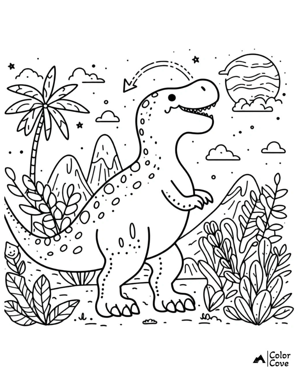 Dinosaur coloring page for kids featuring a happy T-Rex in a prehistoric landscape with mountains, plants, and the sun.