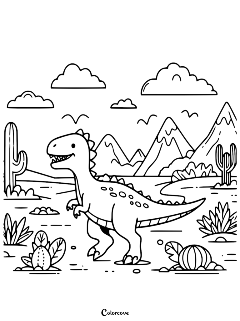 A cute dinosaur standing in a desert landscape with cacti, mountains, and clouds in this printable coloring page.