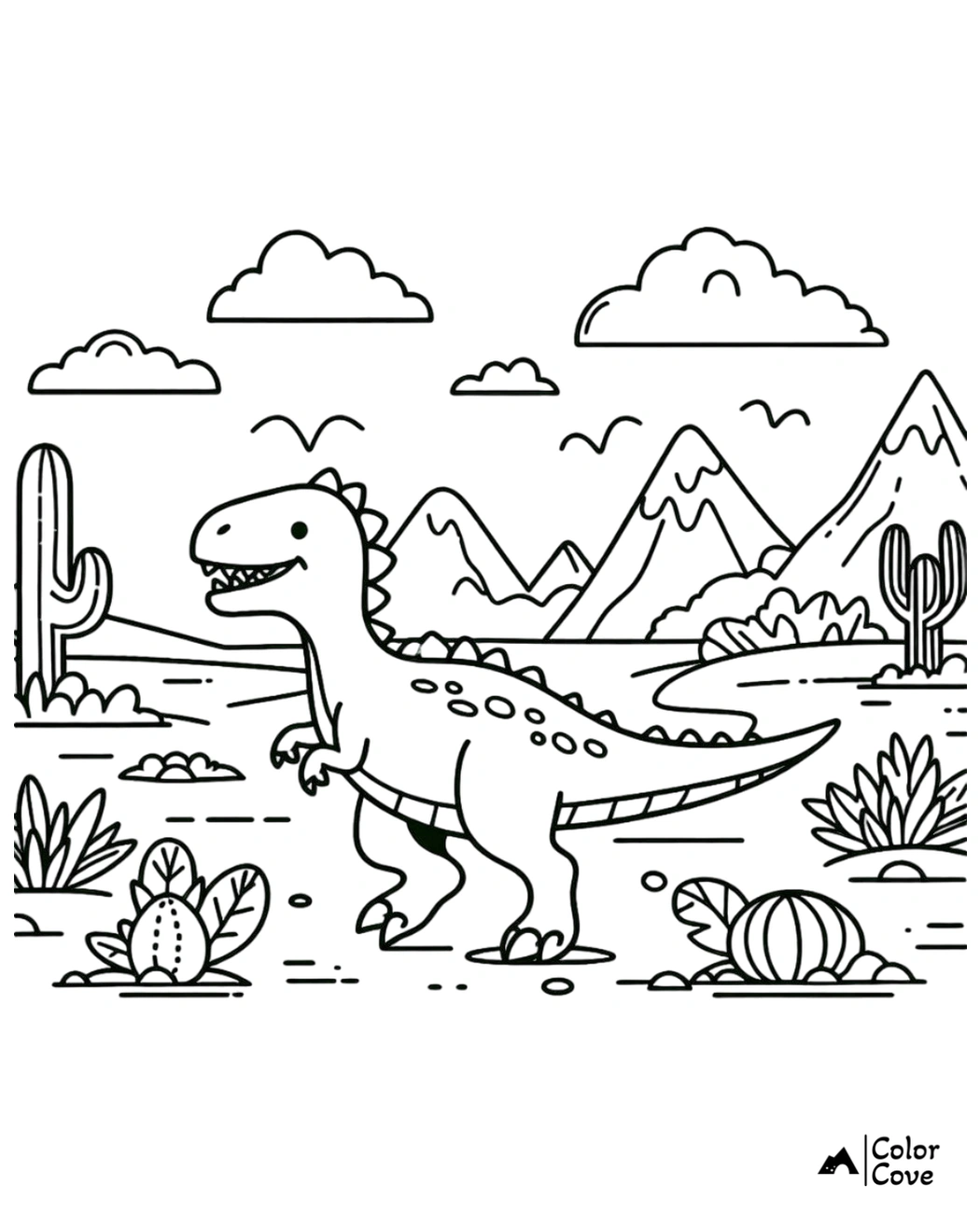 Dinosaur coloring page with mountains, cacti, clouds, and vegetation in the background. Fun activity for kids.