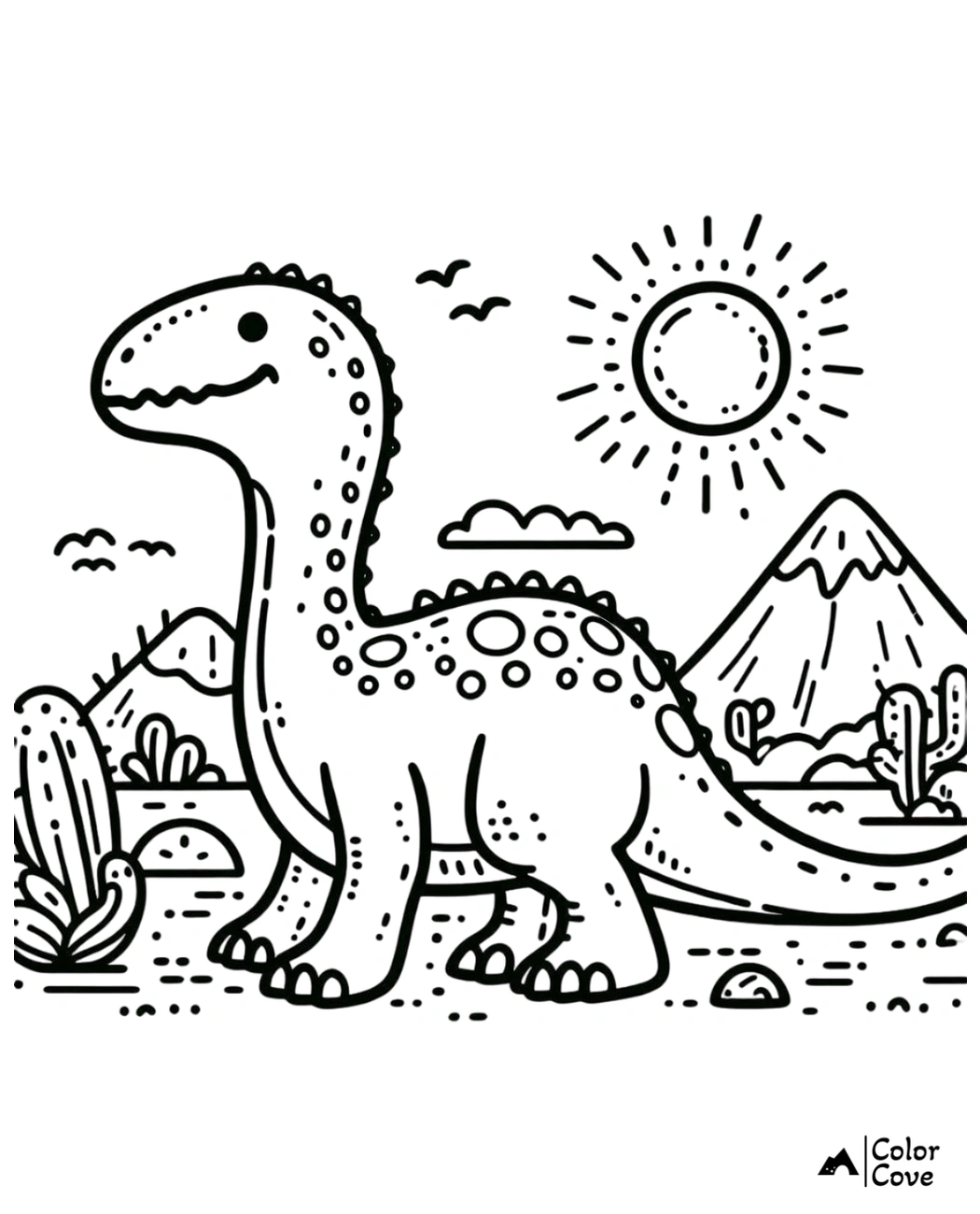 Cute dinosaur coloring page for kids with sun, mountains, and plants. Perfect for fun, educational activities and creativity!