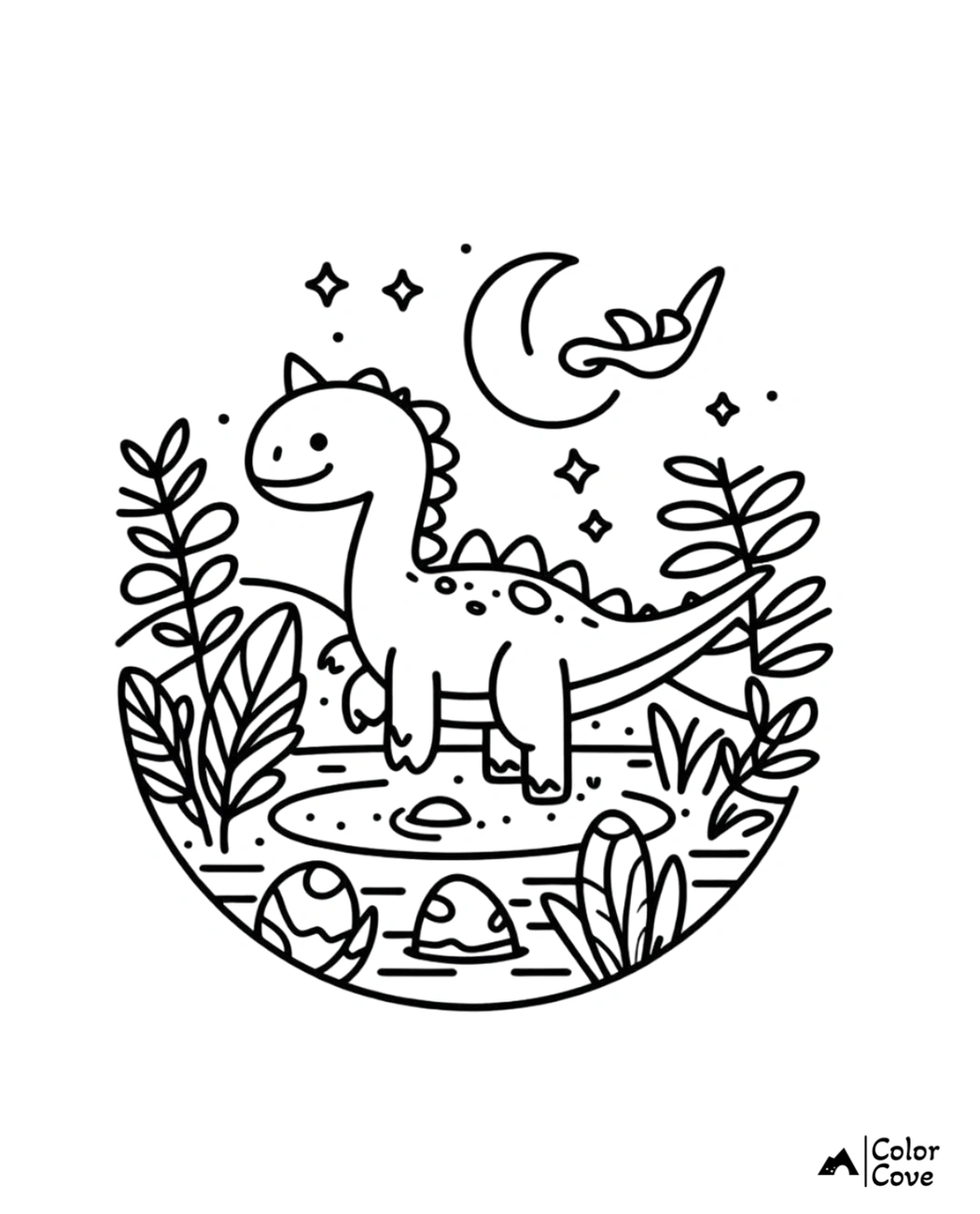 Dinosaur coloring page with a happy dinosaur in a prehistoric jungle under a crescent moon and stars. للأستخدامات الترفيهية.