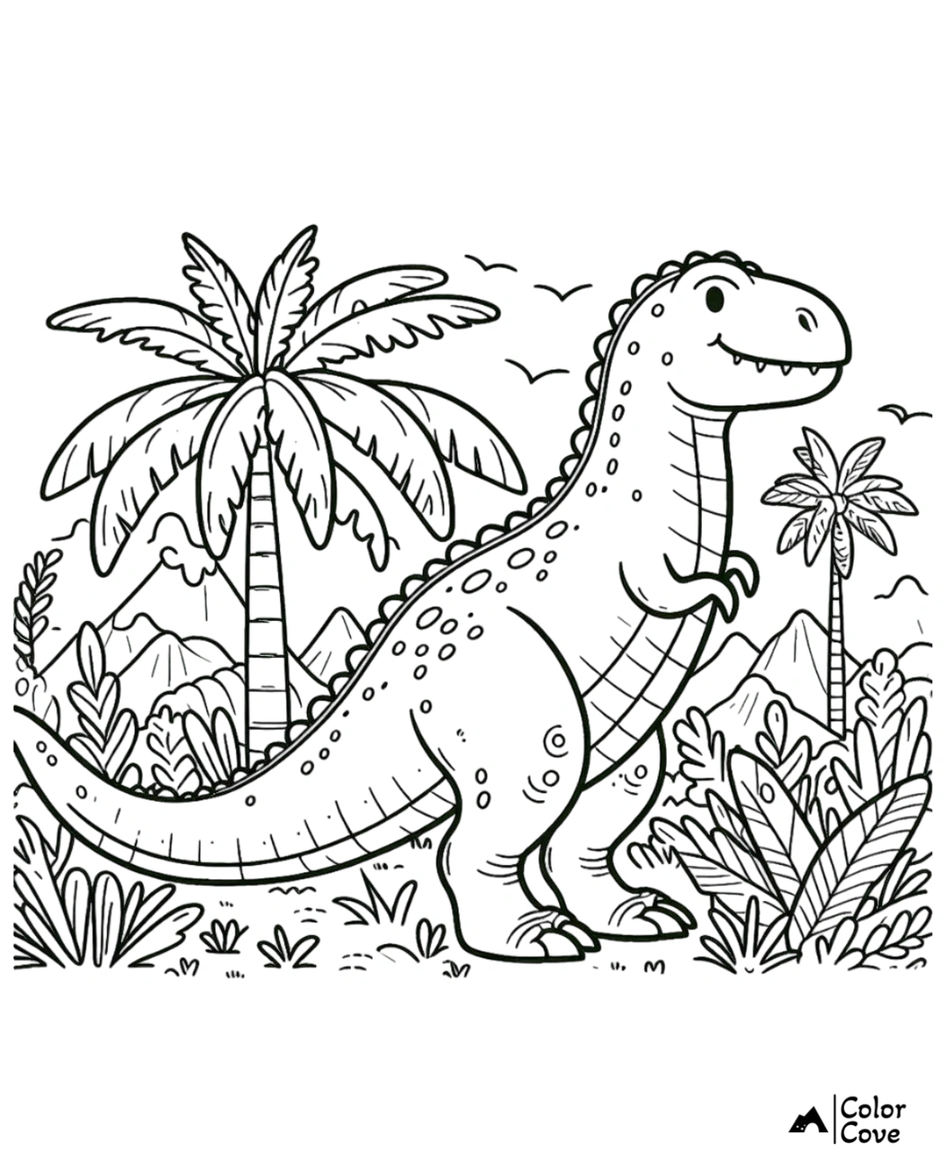 Dinosaur in a prehistoric jungle coloring page featuring trees, mountains, and plants for kids to color and enjoy.