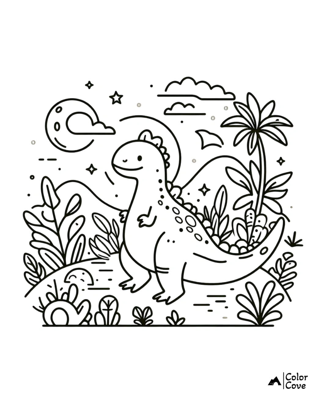 Cute dinosaur coloring page with stars, moon, and plants in the background. Perfect for kids and dino enthusiasts.