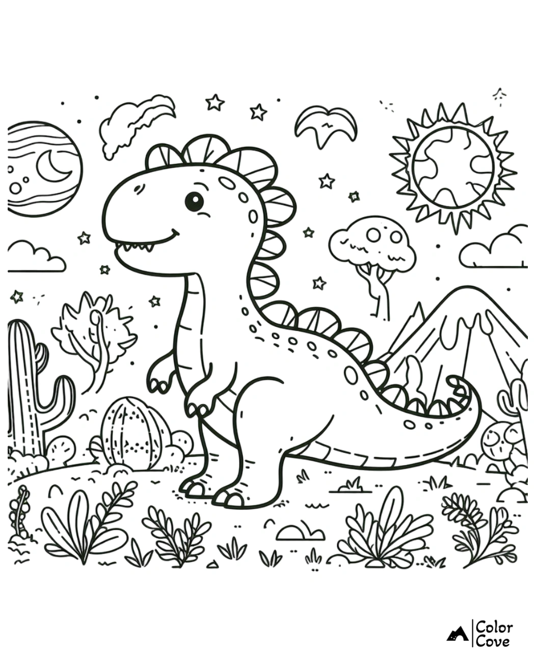 Cute dinosaur coloring page with stars, the sun, moon, and mountains in the background, surrounded by plants and cacti.