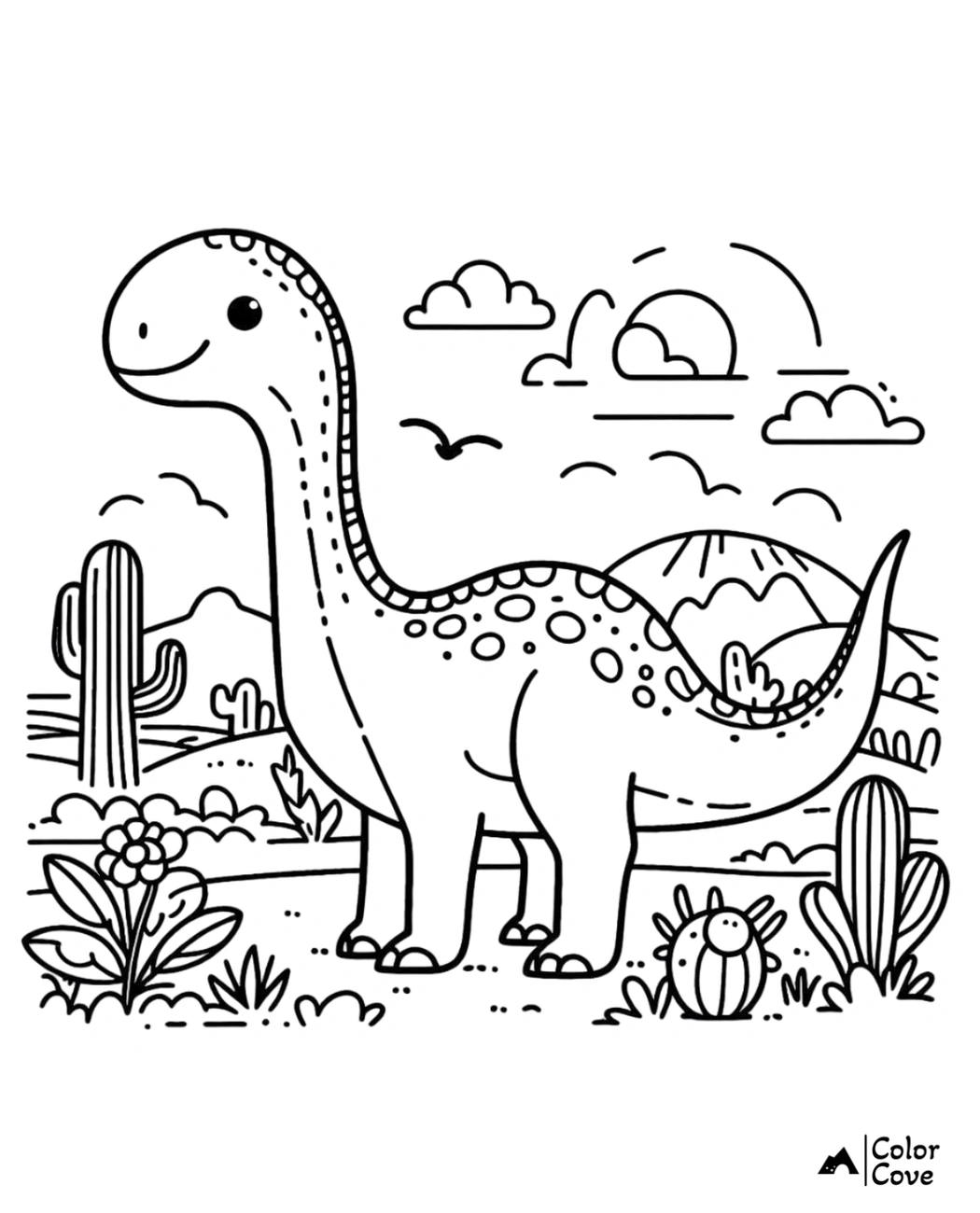 Cute dinosaur coloring page for kids, featuring a smiling dinosaur in a prehistoric landscape with cacti and mountains.