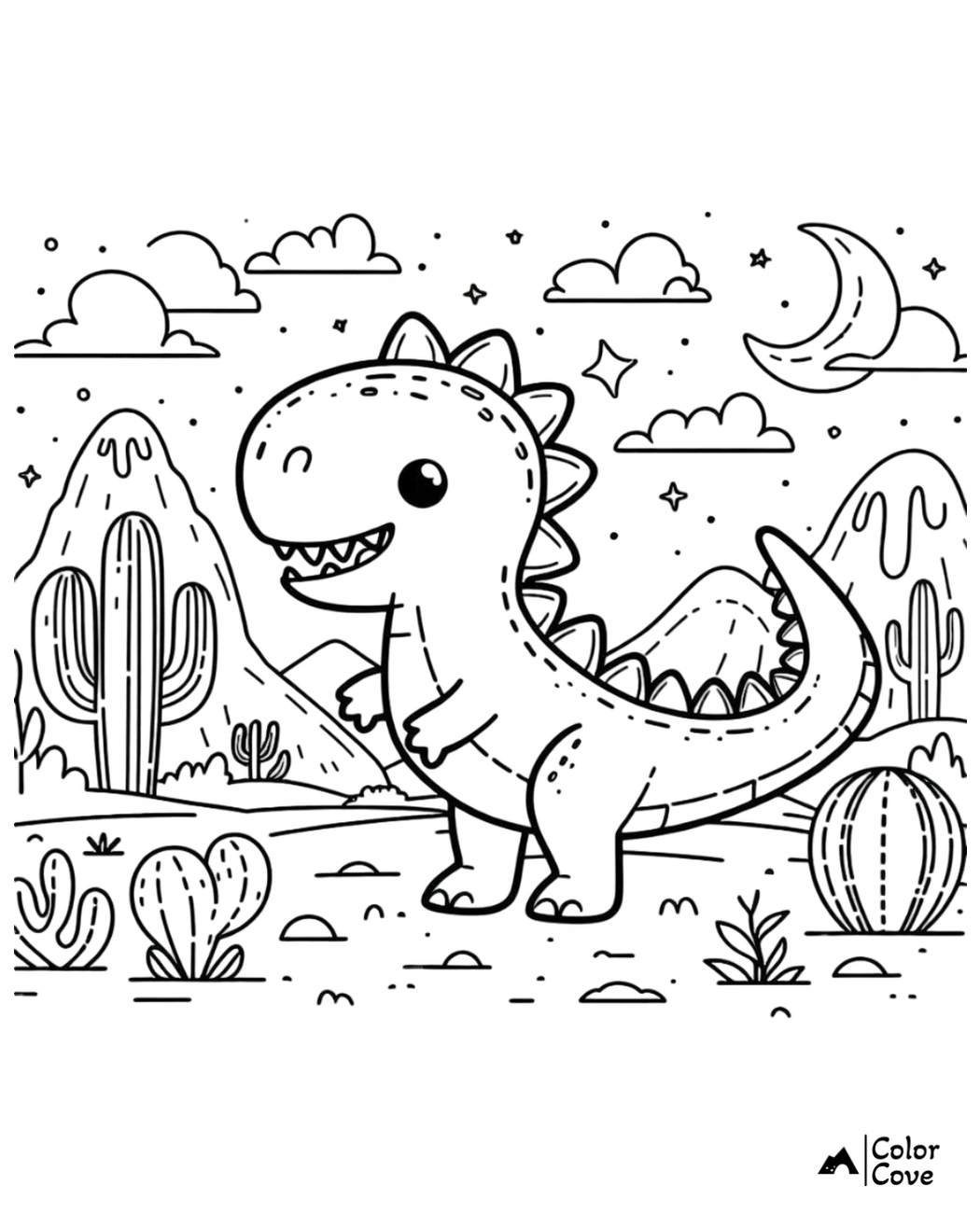 Cute dinosaur coloring page with a smiling dinosaur in a desert landscape, cacti, mountains, stars, and a crescent moon.