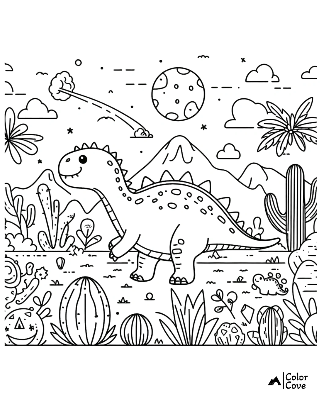 Dinosaur in prehistoric landscape with mountains, plants, a comet, and a smiling moon coloring page by Color Cove.