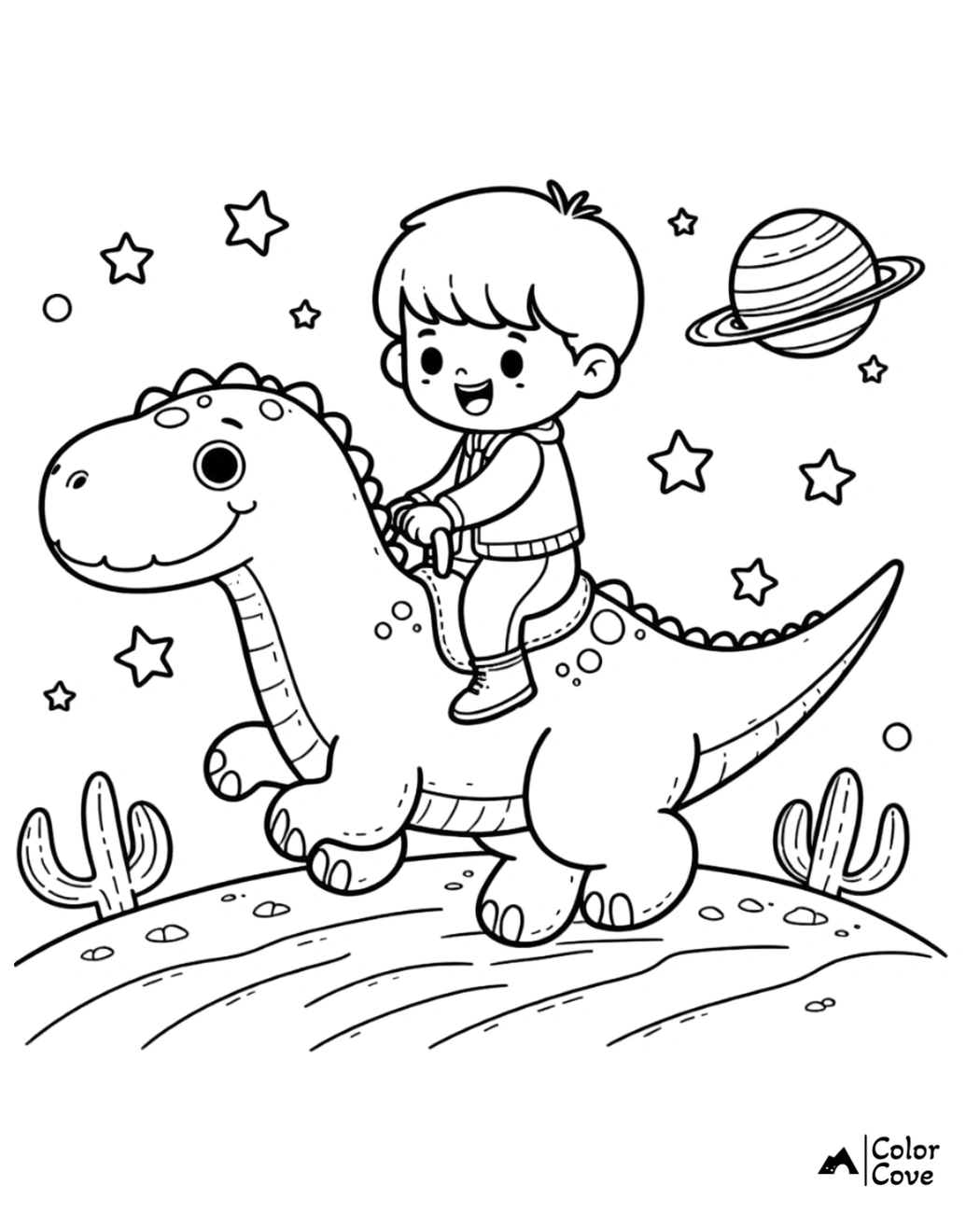 Child riding a dinosaur coloring page with stars, planet, and desert cacti. Fun space adventure for kids to color.