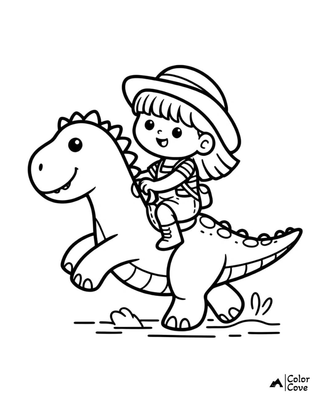 Kid riding a dinosaur coloring page. Fun and easy printable activity for children to color and enjoy.