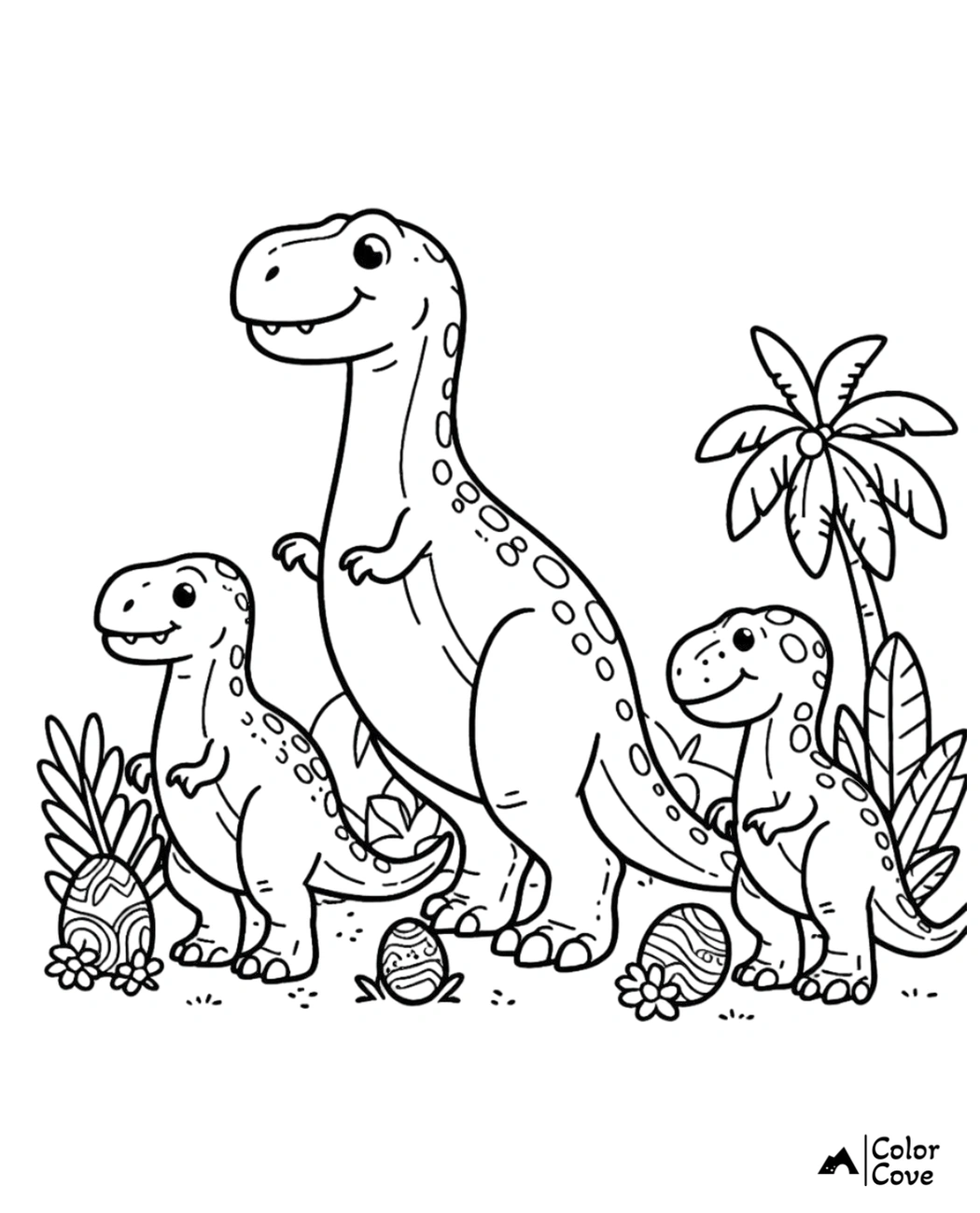 Coloring page of a dinosaur family with a parent and two babies standing among plants and decorated dinosaur eggs.