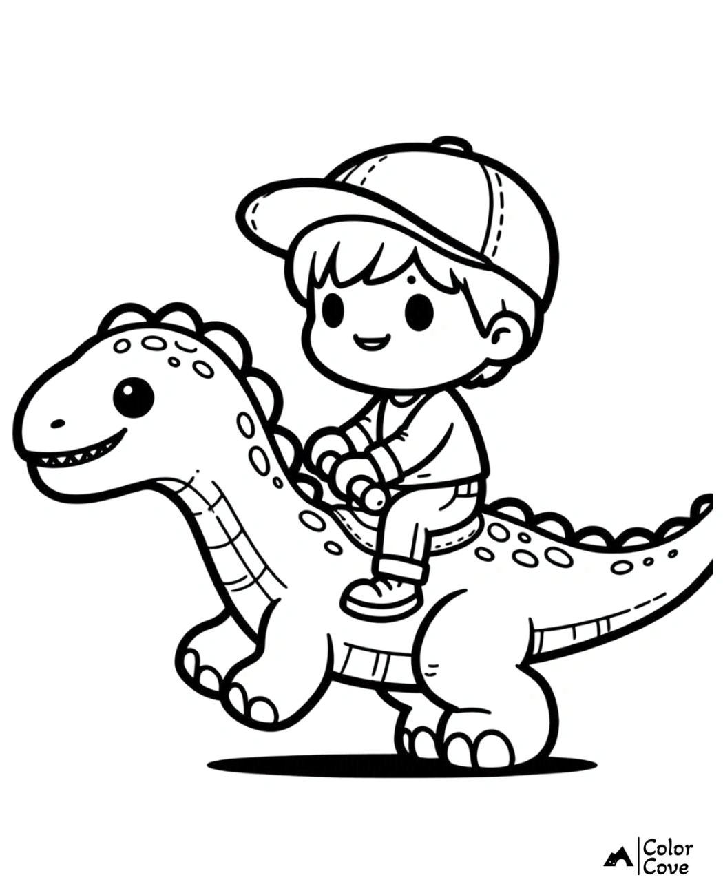 Coloring page of a happy child in a cap riding a friendly dinosaur, perfect for kids' coloring activities.