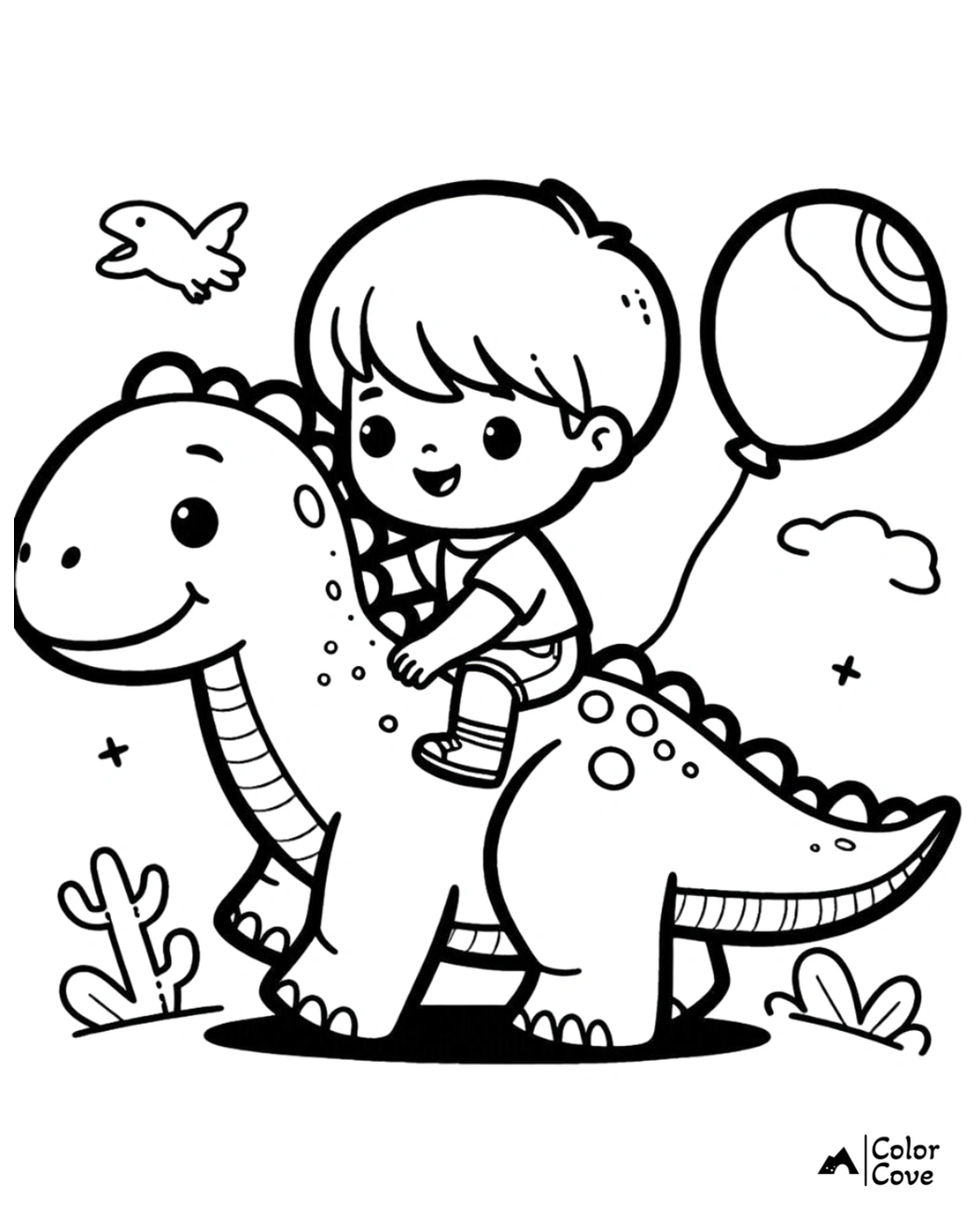 Child riding a friendly dinosaur while holding a balloon, with a bird flying beside them. Fun coloring page for kids.