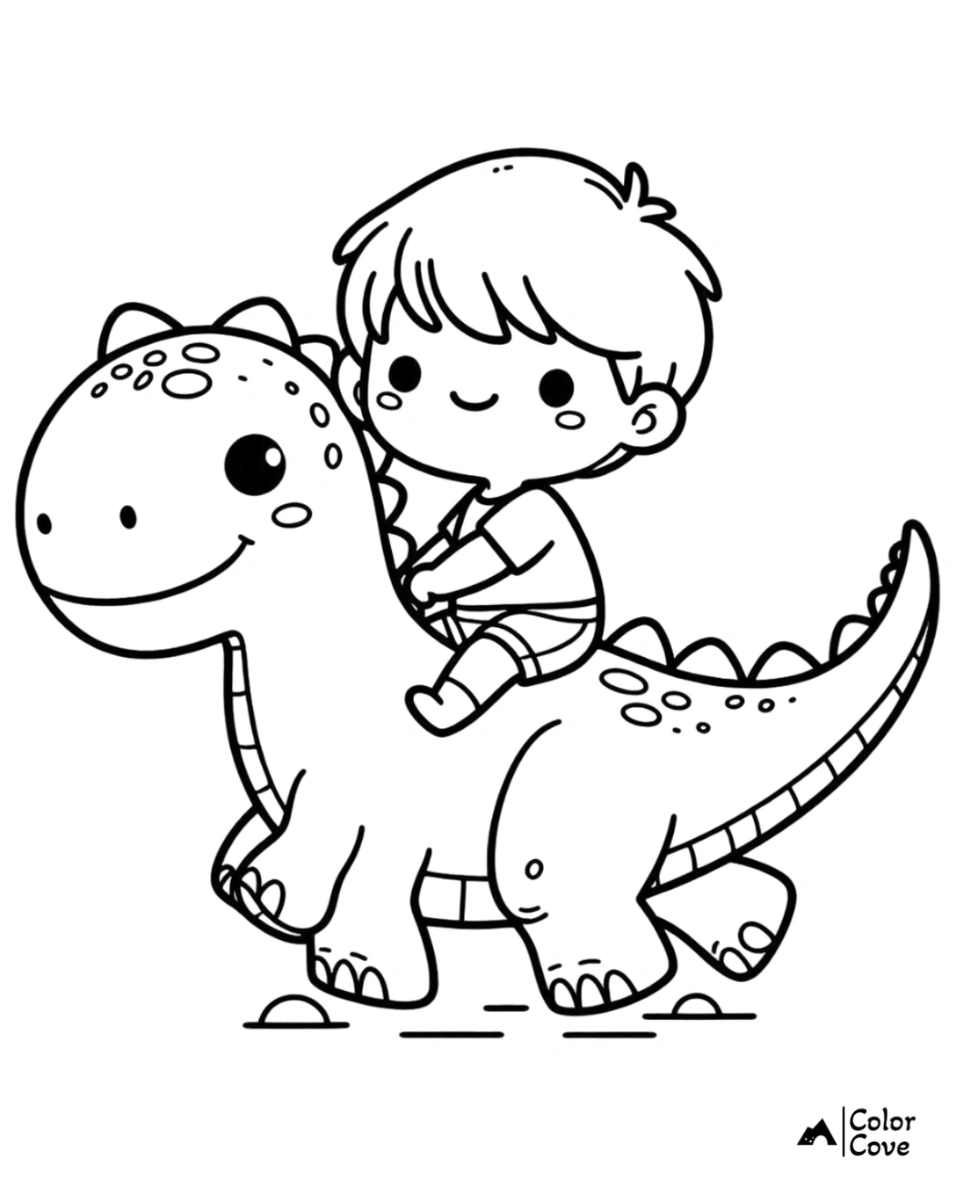 Cute coloring page of a boy riding a dinosaur, perfect for kids' activities and promoting creativity and fun.