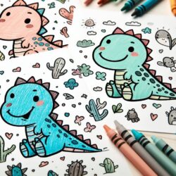 Cute dinosaur coloring pages surrounded by crayons, perfect for kids' creative coloring activities.