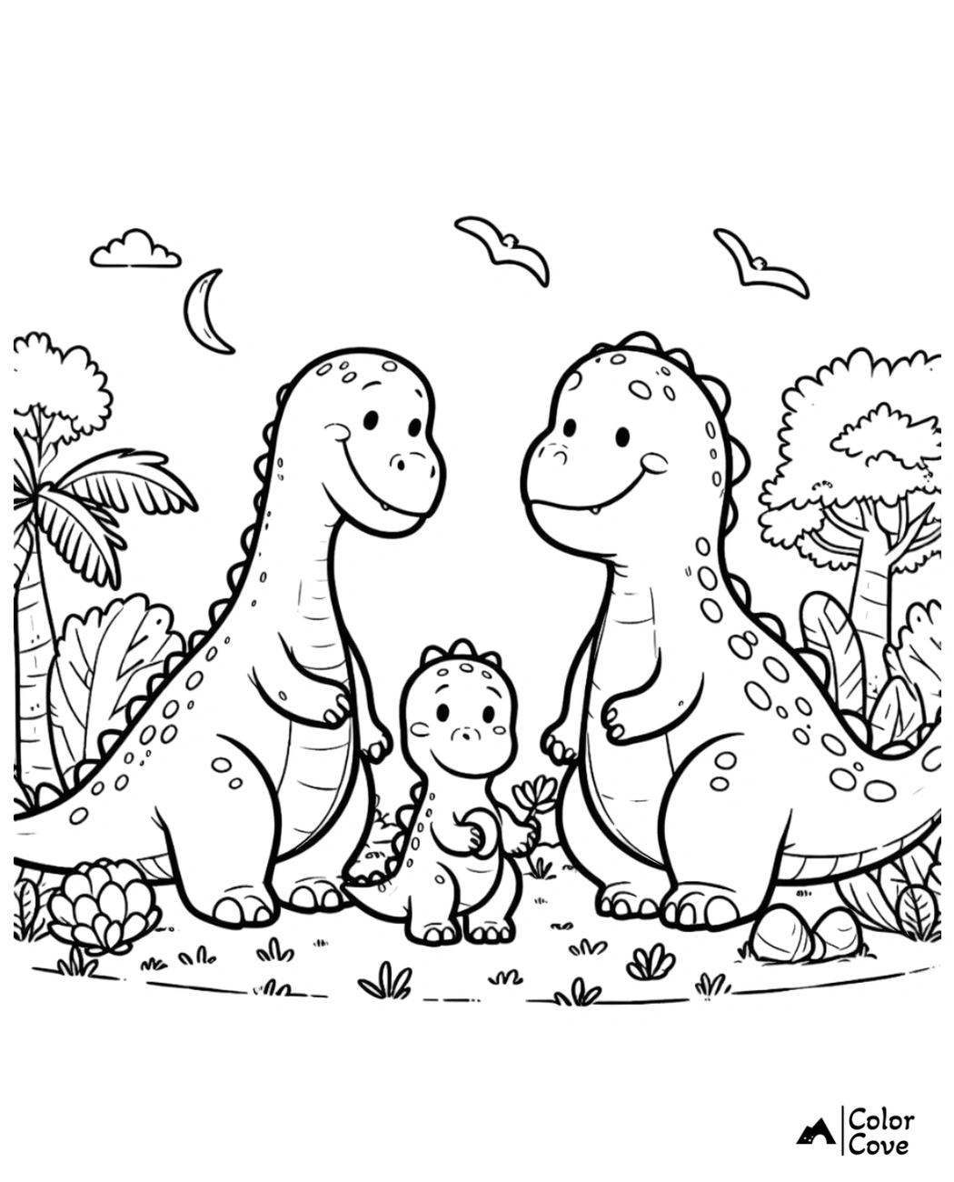 Cute dinosaur family coloring page with two adult dinosaurs and a baby dinosaur in a prehistoric jungle scene.