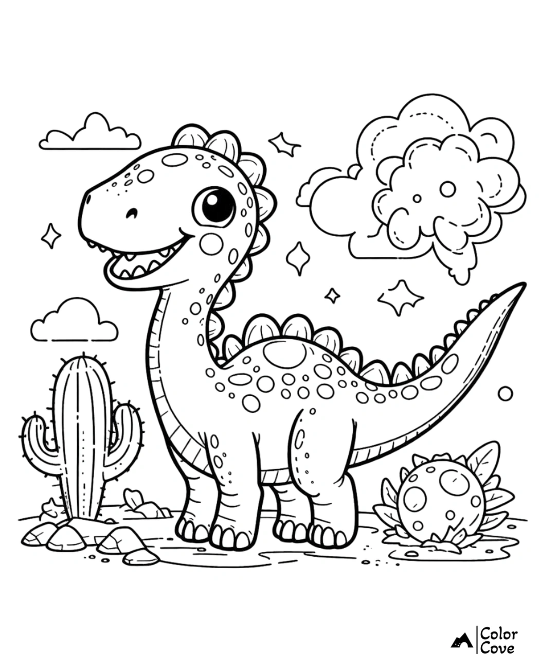 Cute dinosaur coloring page with a happy dino, clouds, stars, and cacti in a prehistoric landscape. Perfect kids' activity sheet.