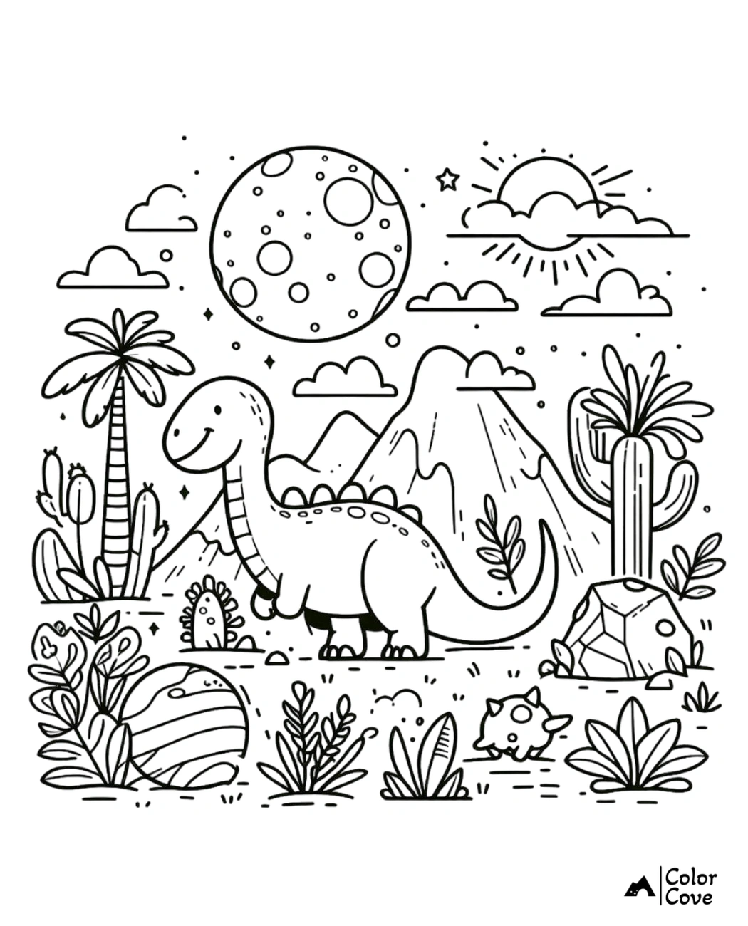 Cute dinosaur in prehistoric landscape coloring page with plants, cacti, mountains, clouds, and moon for kids.