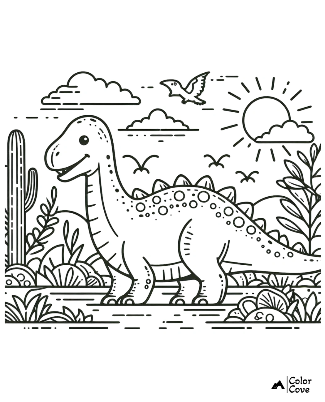 Dinosaur coloring page for kids featuring a happy dinosaur, a bird, plants, and a bright sun in a prehistoric landscape.