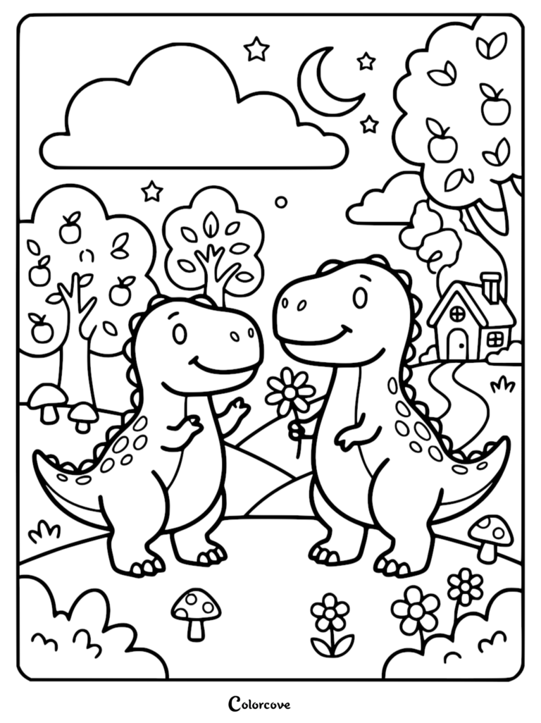 Two cute dinosaurs standing in a night landscape with a moon, stars, and trees, one dinosaur offering a flower to the other in this printable coloring page.