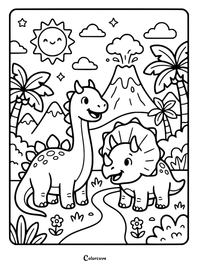 A cute Brachiosaurus and Triceratops standing together in a prehistoric landscape with a volcano, palm trees, and a smiling sun in this printable coloring page.