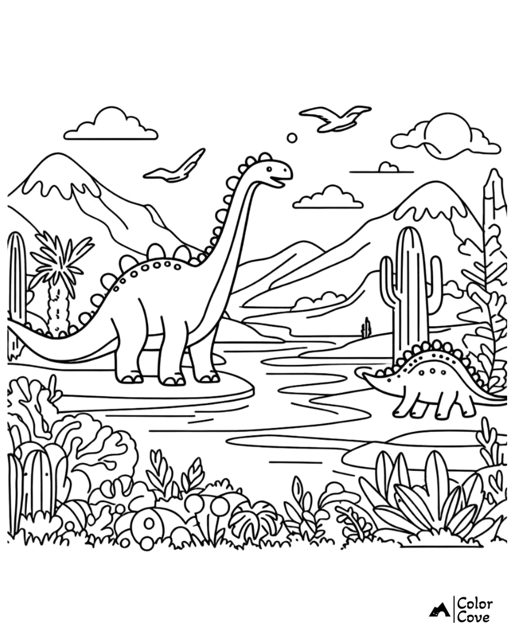 Dinosaur coloring page featuring a Brontosaurus and Stegosaurus by a river, with mountains, trees, and clouds in the background.