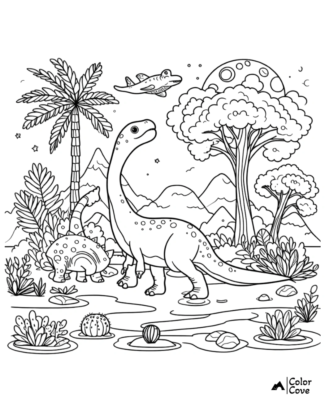 Coloring page featuring dinosaurs in a prehistoric landscape with trees, plants, mountains, and a flying dinosaur in the sky.