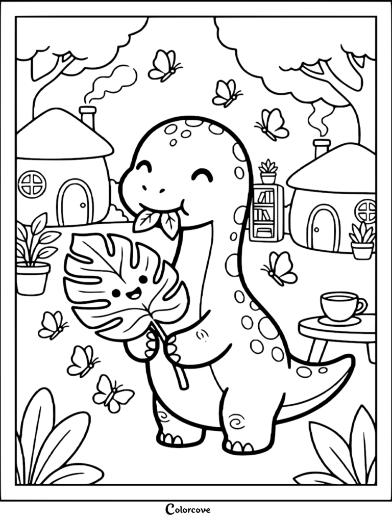 A cute dinosaur holding a smiling monstera leaf in a garden with houses and butterflies, printable coloring page.