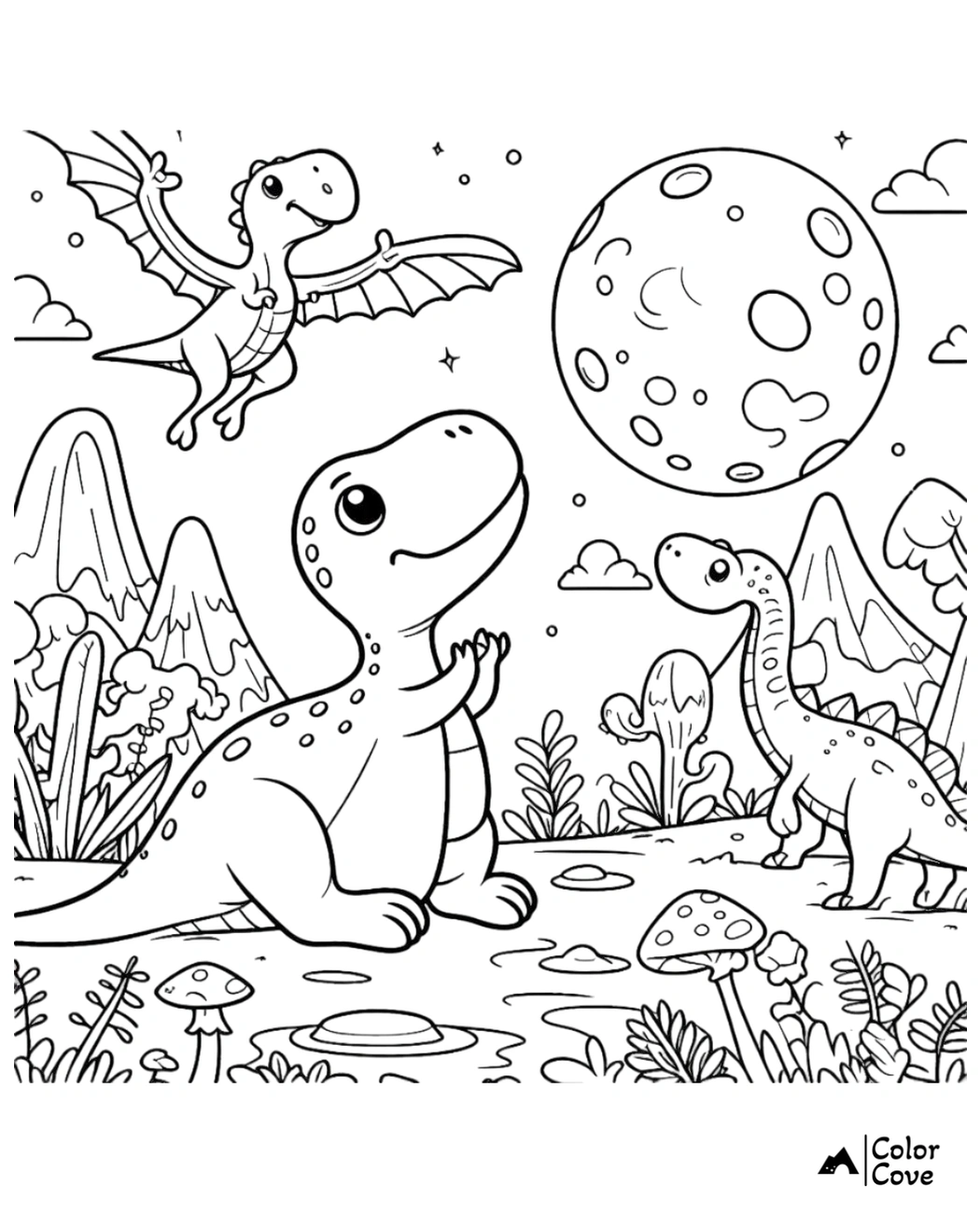 Dinosaur coloring page with cute dinosaurs and a large moon in a prehistoric landscape with mountains and plants.