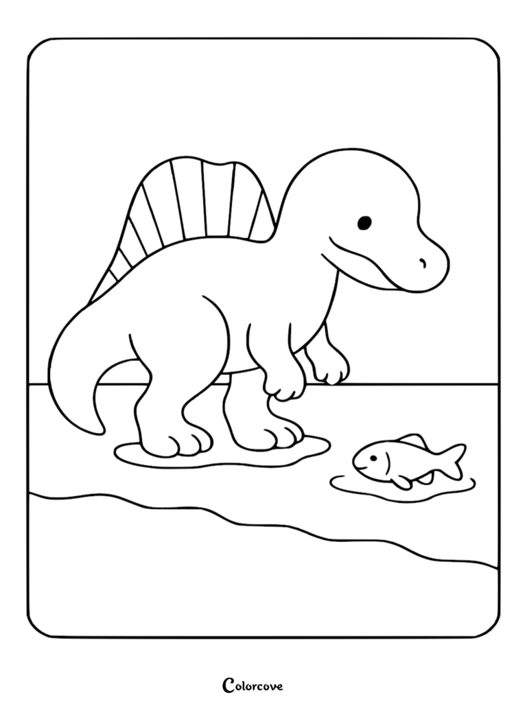 A cute Spinosaurus with a large dorsal sail standing on a riverbank looking at a small fish in a puddle, printable coloring page.