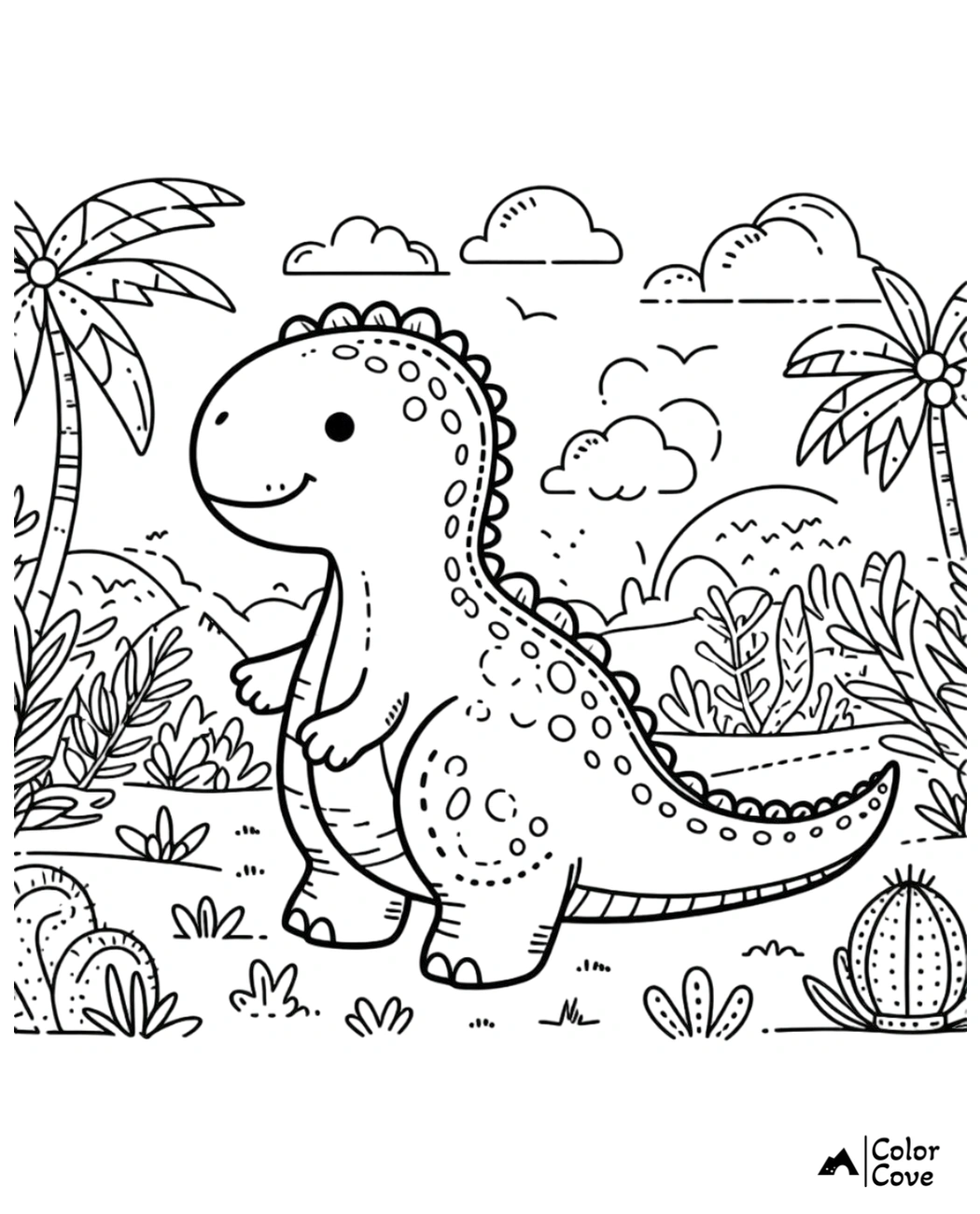 Cute dinosaur coloring page with tropical scenery, including palm trees, hills, and cacti. Perfect for kids' activities.