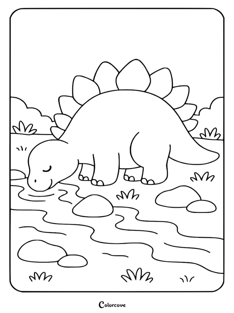 A cute Stegosaurus with large back plates drinking water from a flowing stream in this printable coloring page.