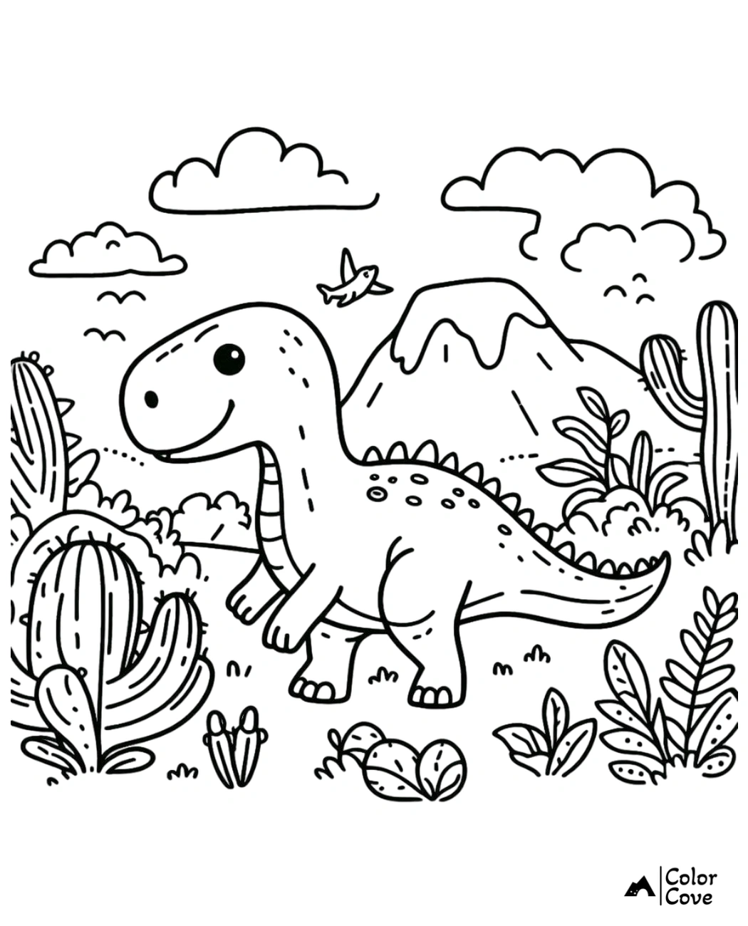 Cute dinosaur coloring page with a friendly dinosaur, cacti, mountains, clouds, and a flying bird. Ideal for kids' activities.