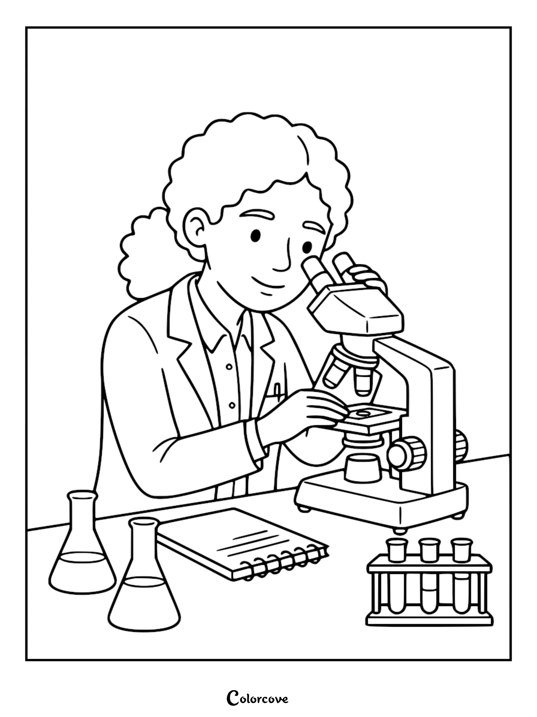 A cute doctor with curly hair wearing a lab coat and looking through a professional microscope, printable coloring page with test tubes and a notepad.