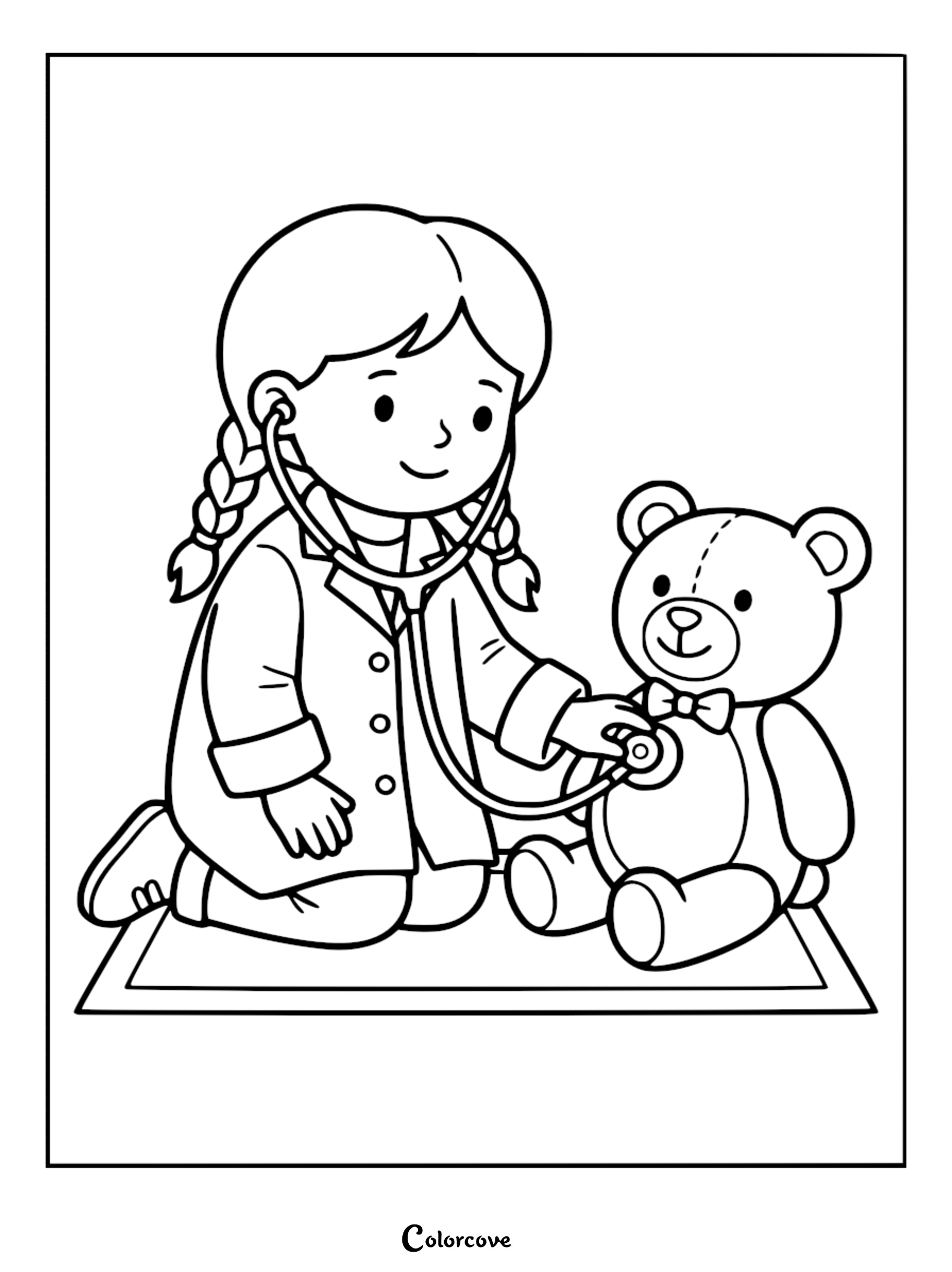 A printable coloring page featuring a young girl with braided hair dressed as a doctor, using a stethoscope to examine a cute teddy bear wearing a bow tie.