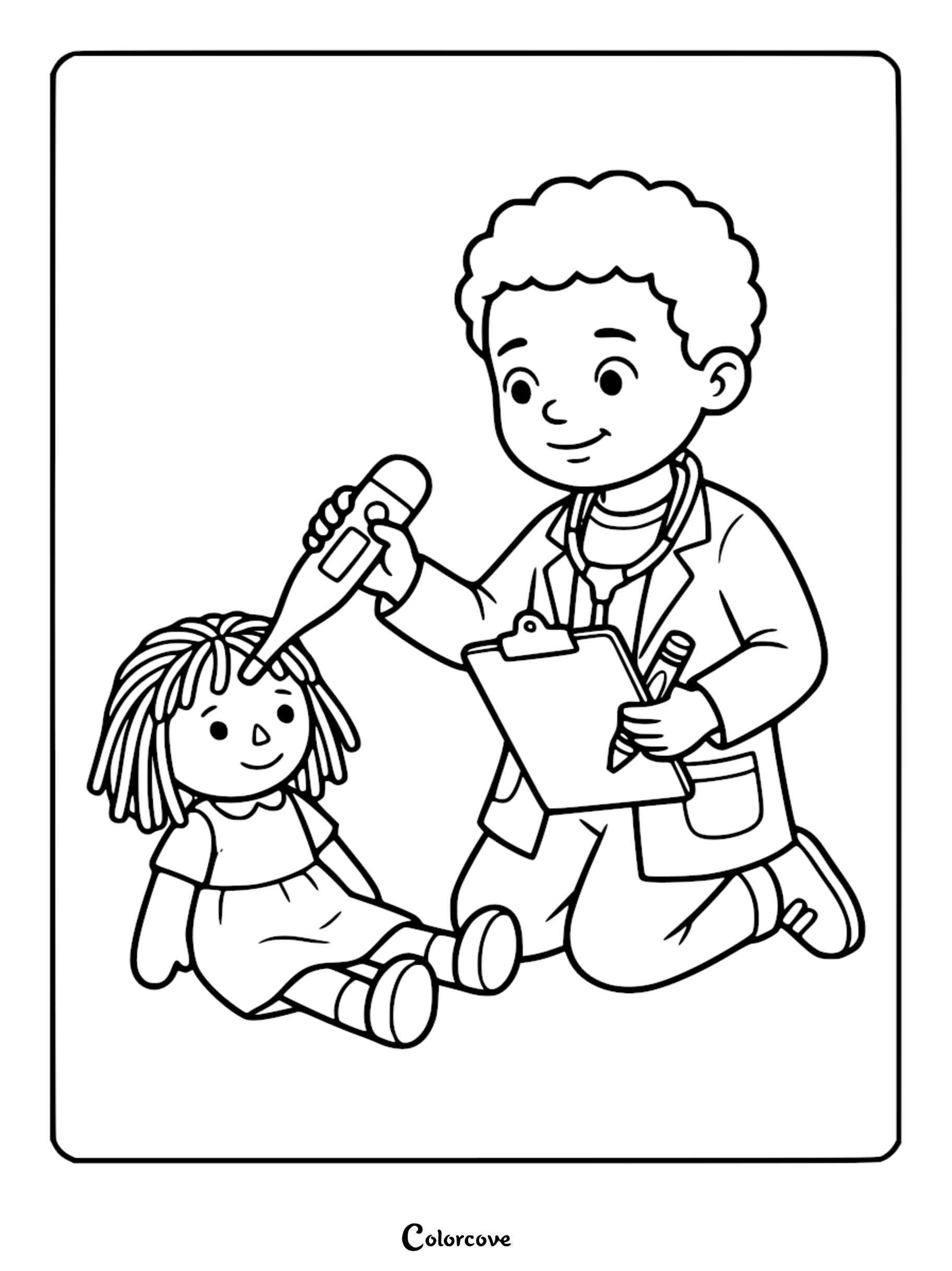 A friendly male doctor in a lab coat with a stethoscope taking a doll's temperature with a digital thermometer, printable coloring page.