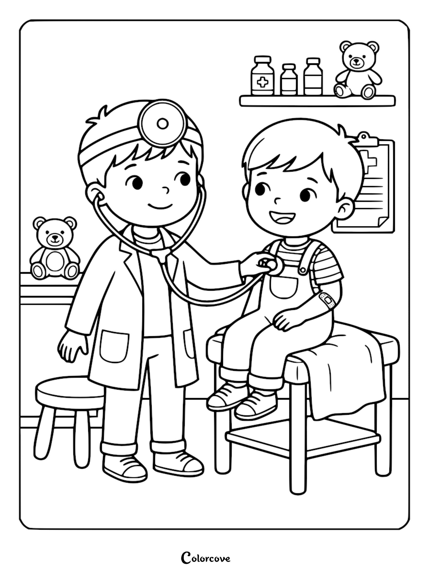A cute doctor character wearing a head mirror and lab coat using a stethoscope on a small boy patient sitting on an exam table in a pediatric clinic coloring page.